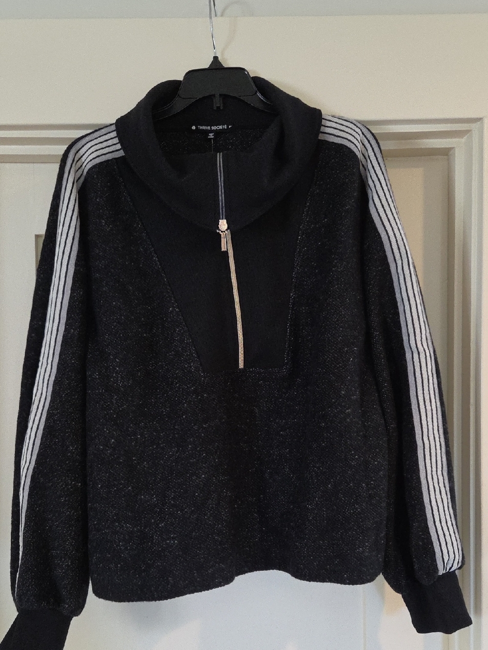 Thrive Society Black Cowl-Neck Pullover with Contrast Stripe Sleeves
